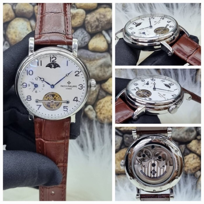 SELLY JAM TANGAN PATEK MEWAH Terbaru Jam Tangan Pria Patek Phillipe Automatic Strap Kulit Dial Putih