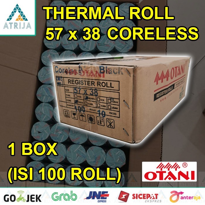 

1 BOX (100) CORELESS Kertas Thermal Struk kasir OTANI Black 57x38 SS27