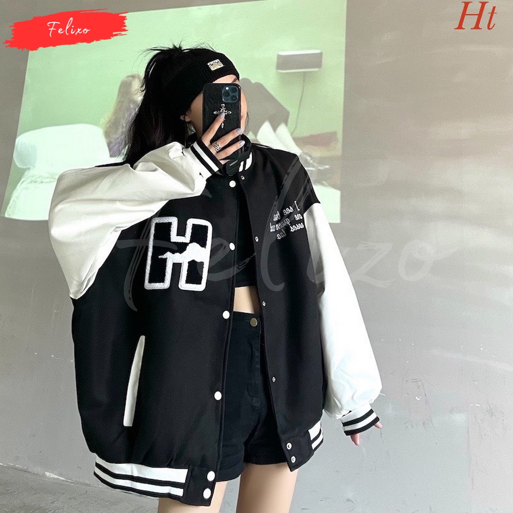 Varsity Jacket Wanita Cewek Perempuan Warna Hitam Putih Korean Style Oversize Ukuran S M L XL 2XL 3X