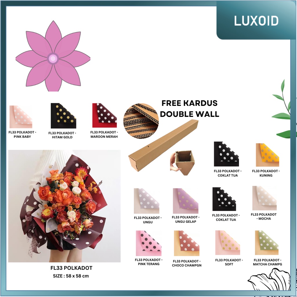 

LUXOID - (5 LEMBAR) - FL33 POLKADOT Kertas Bunga Paper Buket Motif Polkadot Bulat Kado Florist Cellophane