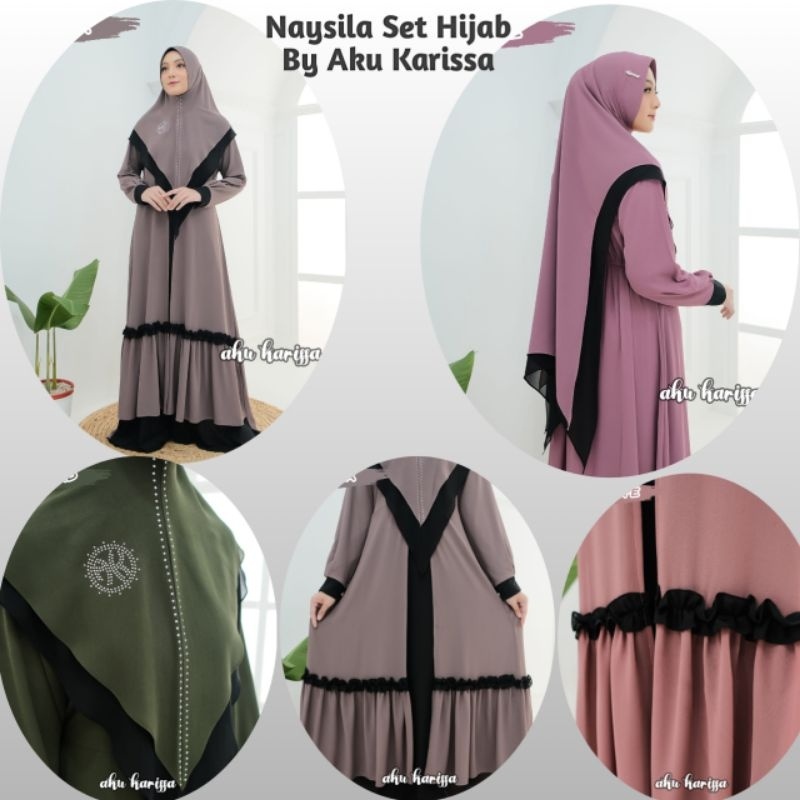 Gamis Syari Aku Karissa Naysila Model Set Hijab Bahan Cerutti Terbaru 2023