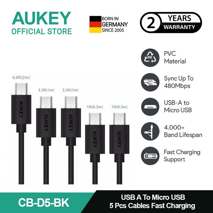 AUKEY Kabel Charger ( 5pcs ) USB A To Micro PVC CB-D5 Black 3A