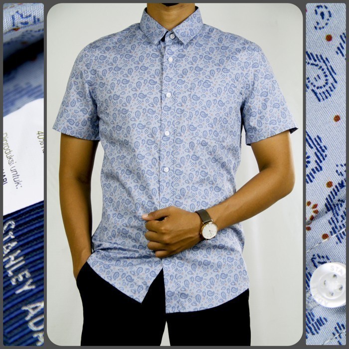 Mark Kemeja Pria Formal STANLEY ADAMS Slim Fit Biru Motif Lengan Pendek 08 - 17/XXL