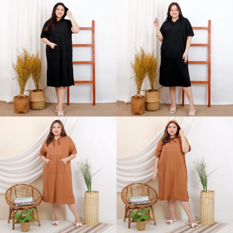 LD 140 TUNIK MIDI DRESS DASTER KAOS SUPER JUMBO BIGSIZE OVERSIZE HOODIE BASIC POLOS HITAM LENGAN PEN