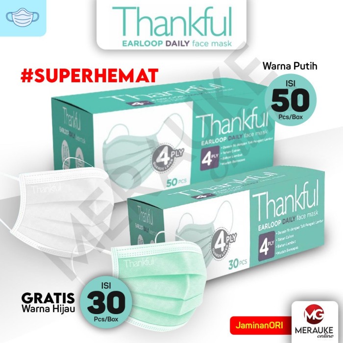 Masker THANKFUL Earloop Box 50s - Putih