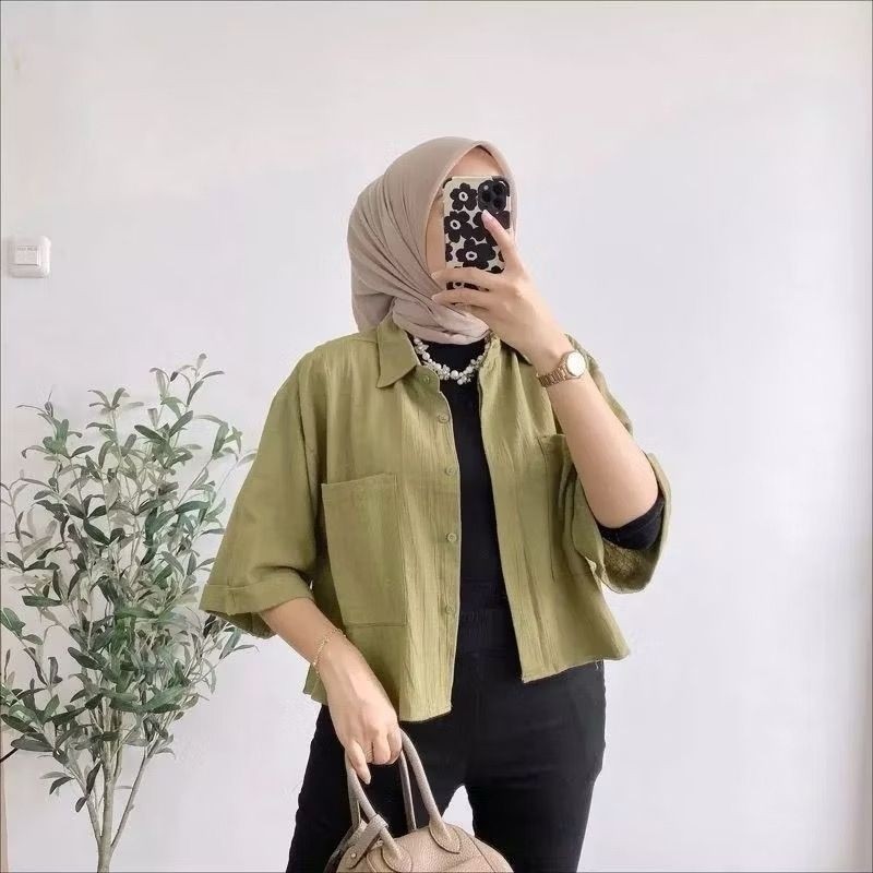 READY - Kemeja linen croptop  kantong terbaru/jasminer