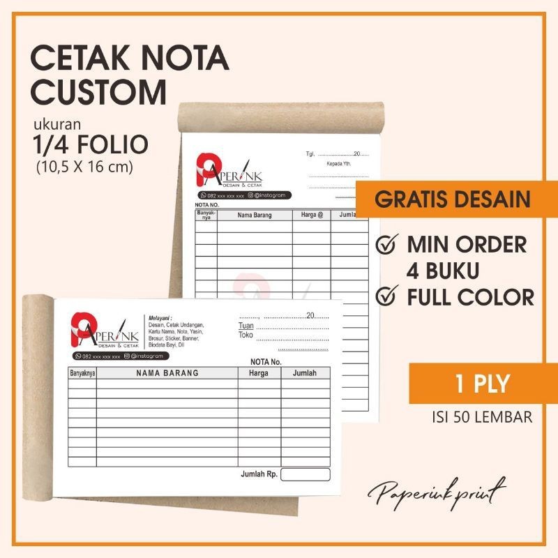 

Nota Custom Murah 1ply Ukuran 1/4 Folio
