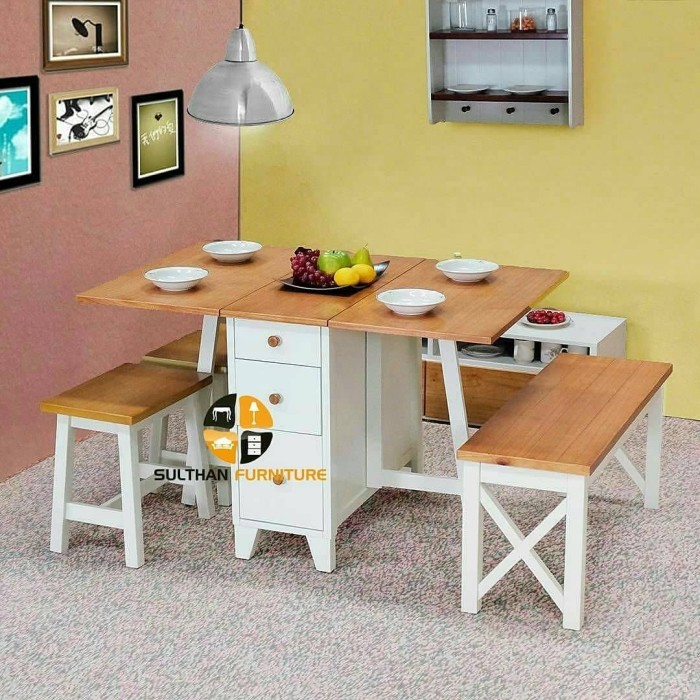 Meja Makan Lipat Minimalis - Bangku - Kursi - Meja Portable 3 Laci
