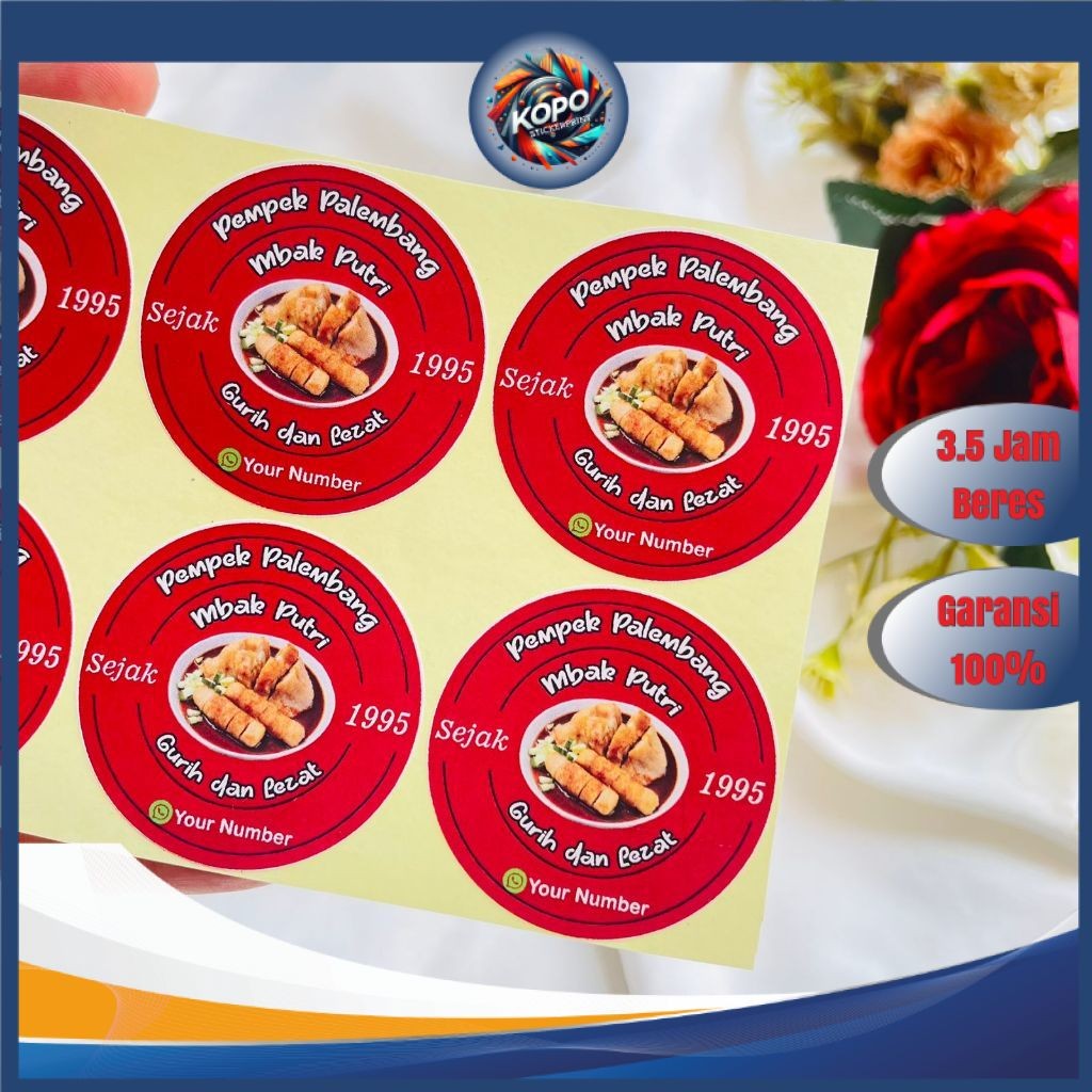 

KOPO 9-15 Cetak Sticker Makanan Pempek Chromo Bulat Free Desain Cutting Kiss Cut Custom Murah