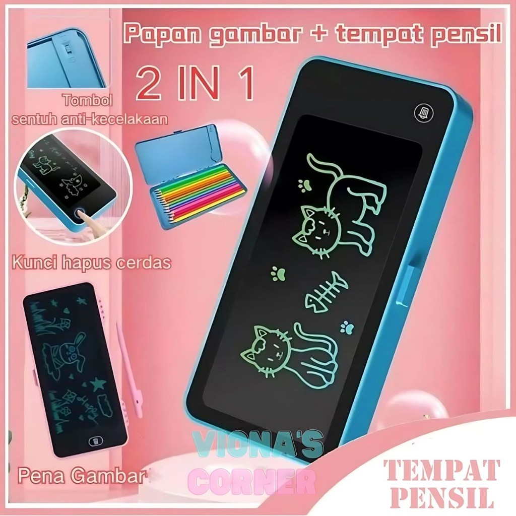 Kotak Pensil LCD Murah 2in1 Tempat Pensil Anak Papan Tulis Canggih Aipet Tablet Mainan Estetik Biru