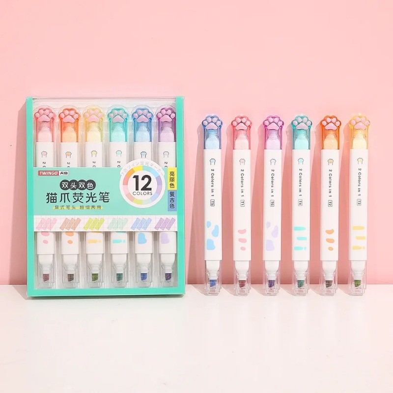 

6pcs Kawaii Cat Claw Highlighters Double Head 12 Color Fluorescent Art Markers Korean Stationery Cute School Office Supplies