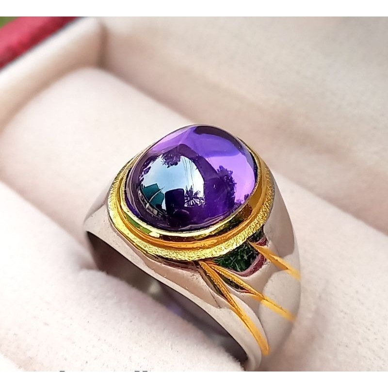 BAYAR DITEMPAT BATU CINCIN PERMATA AKIK KECUBUNG AMETHYST OVAL CHATAM RING TANAM TITANIUM KOMBINASI 