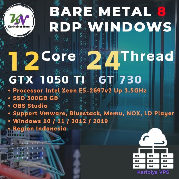 Bare Metal Server RDP Dedicated 12 Core 64GB RAM GTX 1050 TI GT730 OBS Emulator Android Youtube VPN 