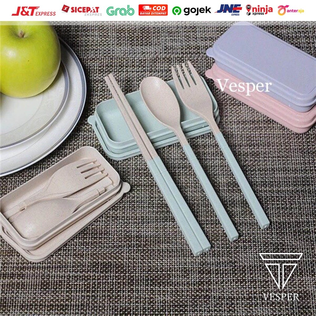 VIRAL alat makan portable set lipat / wheat straw cutlery set foldable / sendok garpu sumpit jerami 