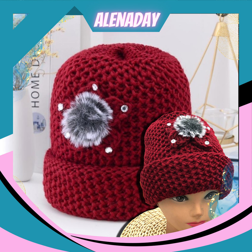 ALENADAY - Topi Kupluk Rajut Distro Tebal Musim Dingin Cewek Dewasa Fashion Wanita Korea HAT02
