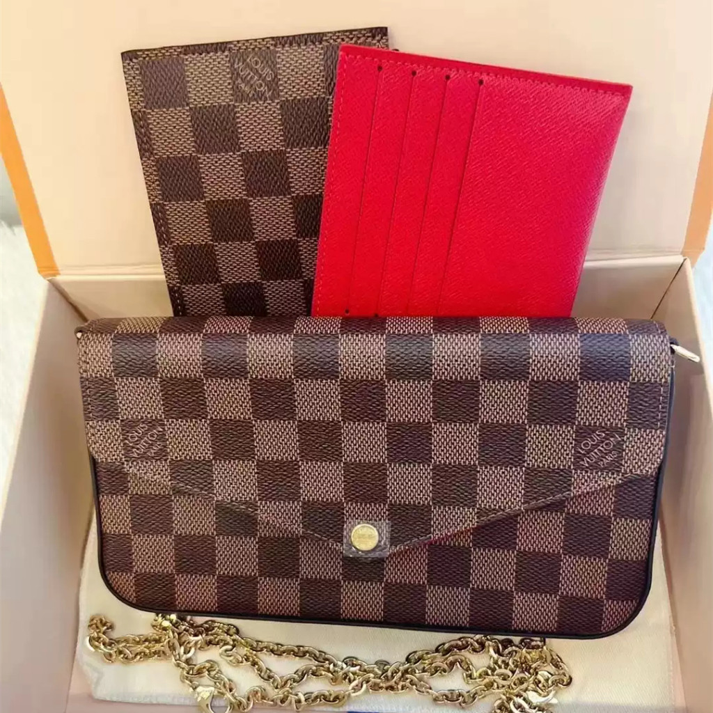 【bekas asli】（ N63032） LV POCHETTE FELICIE tas rantai/tas bahu/tas amplop lapisan merah mawar/tas lip
