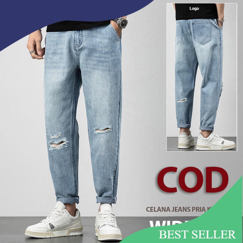 celana jeans sobek cowok baggy pants pria celana denim dewasa robek longgar panjang straight jeans j