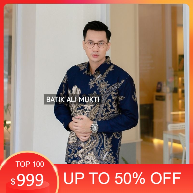 SELING NAVY Kemeja Batik Pria Lengan Panjang Modern Premium Jumbo Biru Navy Navi - Baju Hem Batik Fo