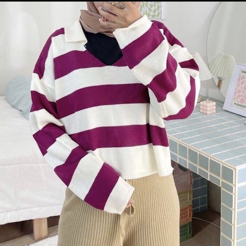 Sweater Rajut Oversize Atasan Knitted Fuji Outer Rajut Trendy-Magenta