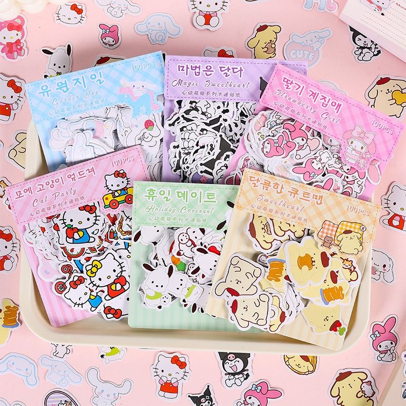 

100 pcs Sticker Dekorasi JURNAL Karakter Lucu Sanrio Hello kitty Kuromi /Sticker anak DIY untuk scrapbook atau Jurnal Lucu
