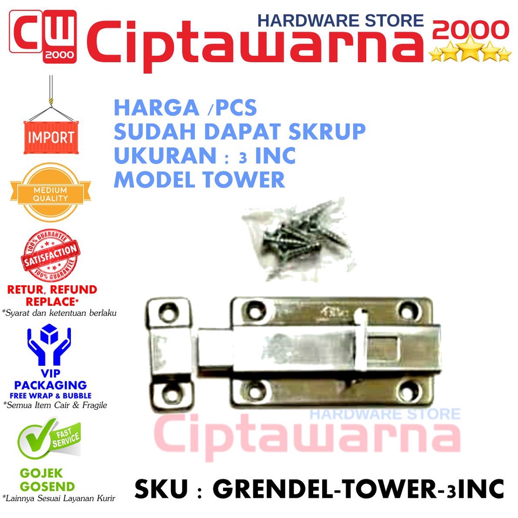 Grendel Pintu Kayu Stainless Tower 3 inch Kunci Grendel Slot Pintu - CW1