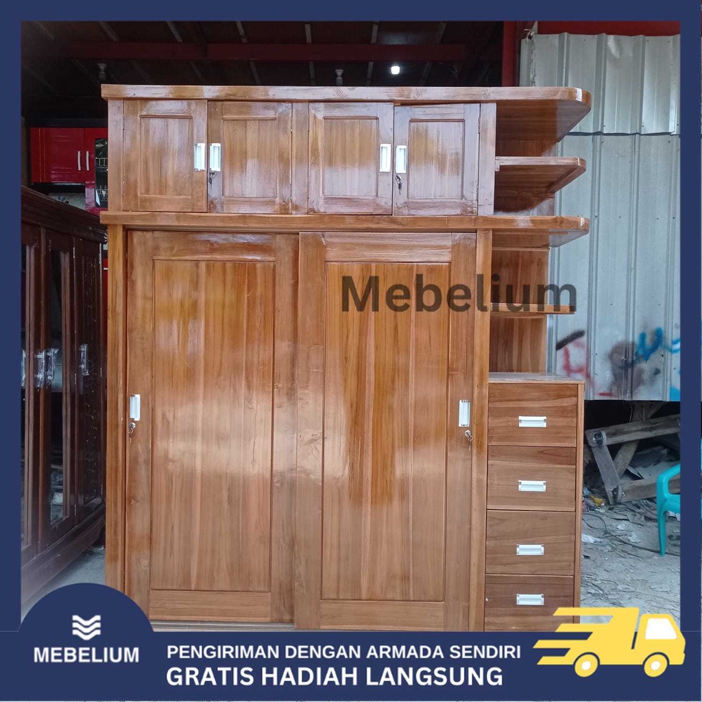 [Jabodetabek Only] Lemari Pakaian Sliding Tingkat Jati | Lemari Baju Jumbo 2 Pintu Laci Kayu Jati Pr