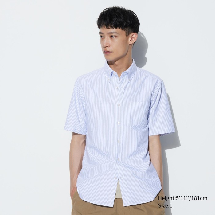 UNIQLO Kemeja Oxford Slim Fit Garis Lengan Pendek 462656 Pria - 65 BLUE