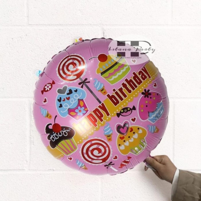 Balon Foil Bulat Cupcake / Balon Foil Happy Birthday Motif Cupcake