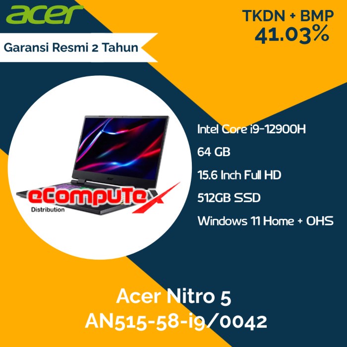 Laptop Gaming Acer Nitro 5 AN515-58-I9/0042 i9 64GB 512GB - TKDN RESMI
