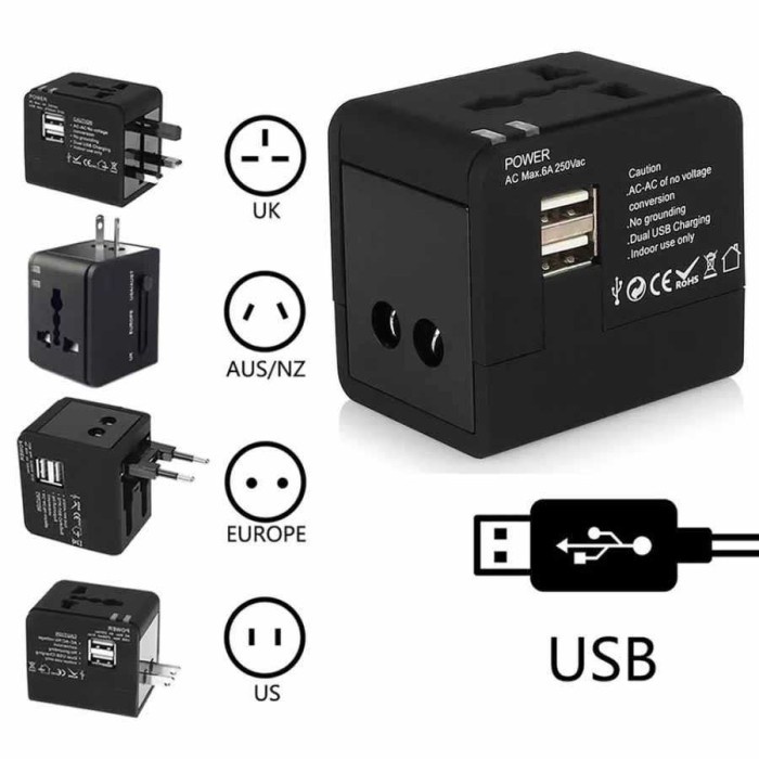Universal Travel Adaptor Adapter Colokan Listrik USB Luar Negri Negeri Kaki Tiga 3 Lubang Socket Umr