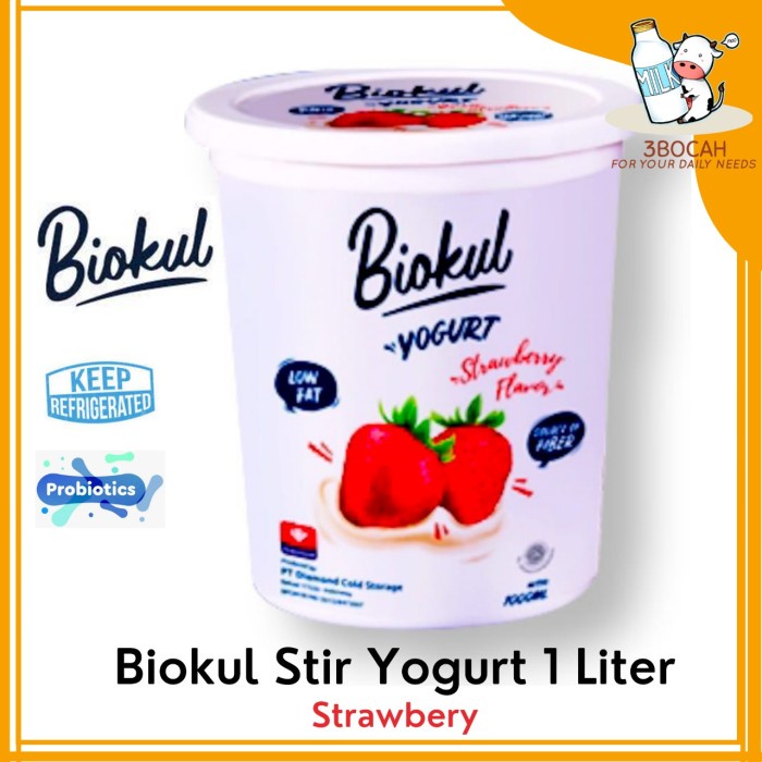 

[Big Sale] Yogurt Biokul 1000ml 1 liter stirred plain strawberry blueberry lowfat - Strawberi