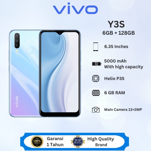 VIVO Y3S RAM 6+128GB 6.35-Inci Dual Nano SIM Sidik Jari Belakang Original Baru HP Murah Cuci Gudang