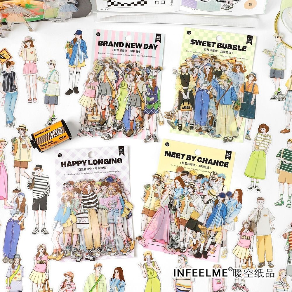 

[Gongjin] 40pcs Sticker Fashion PET Korean Style Korea Stiker OOTD Bujo Bullet Journalling Scrapbook DIY Chibi Kartun