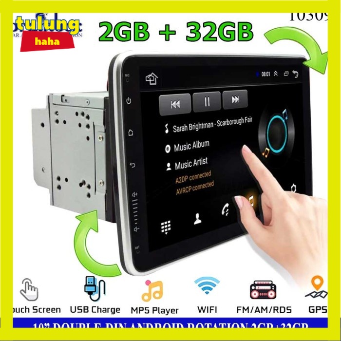 Headunit Android Double Din 10 Inch 2+32 Rotation LCD TV Mobil Tape