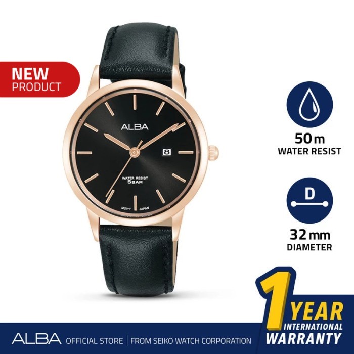 Jam Tangan Wanita Alba AH7BV4 Kulit Asli Hitam  Original