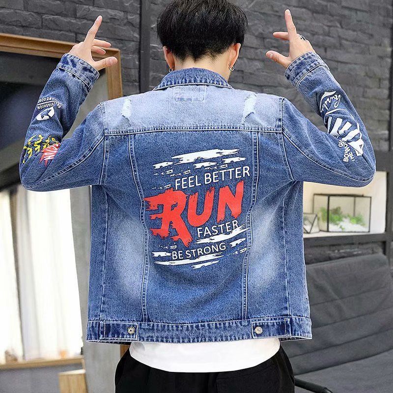 Perforated denim jacket for men, printed denim clothing for men