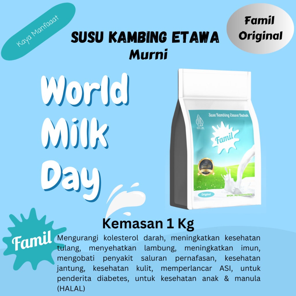 

Susu Kambing Etawa Bubuk Murni Kemasan 1000 gram / 1Kg Rasa Original Susu Etawa Herbal Kaya Manfaat Halal / Aman Untuk Semua Usia Famil Halal