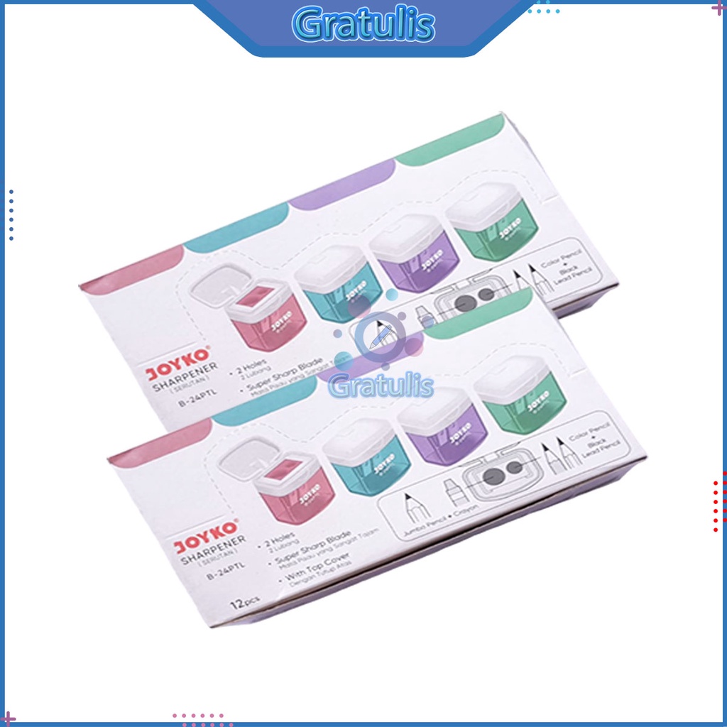 

RAUTAN PENSIL 2 LUBANG JOYKO (1 PAK /12 PCS) / PENCILS SHARPENER / PENYERUT / KEROKAN / SERUTAN / PENGSERUT