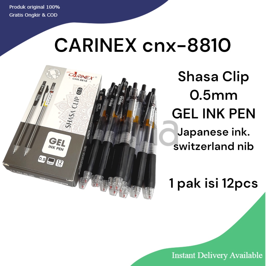 

(12pcs) Carinex Shasa Clip 8810 0,5mm Pulpen Gel Jetrek cetek murah berkualitas / CNX-8810 Hitam
