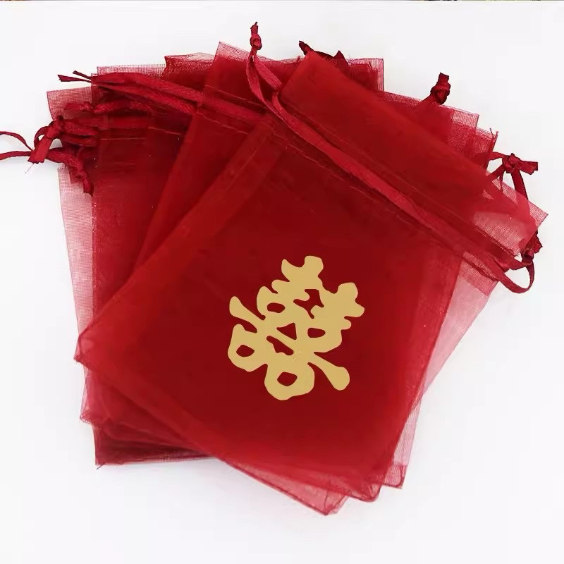 

Sasa Kantong Serut Shuangxi / Kantong Serut Wedding Merah / Kantong Permen Snack Coklat Handuk Nikahan Chinese Red Wed Teapai Phangteh Hantaran Logo Hi