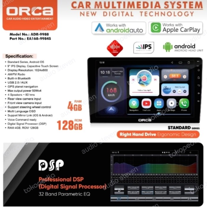 head unit android 9 inch orca standard series ram 4/64gb