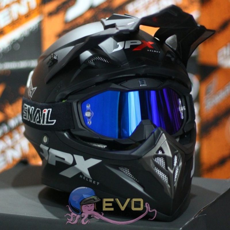 HELM JPX CROSS SOLID BLACK DOFF / SILVER + GOOGLE SNAIL (ONGKIR 2 KG) - JPX CROSS FOX1 SOLID WARNA L