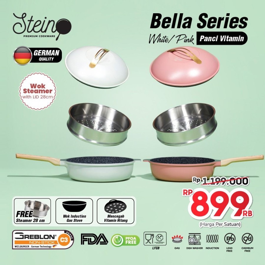 Steincookware Bella series Wok 30cm Panci Kukus Granite Anti Lengket