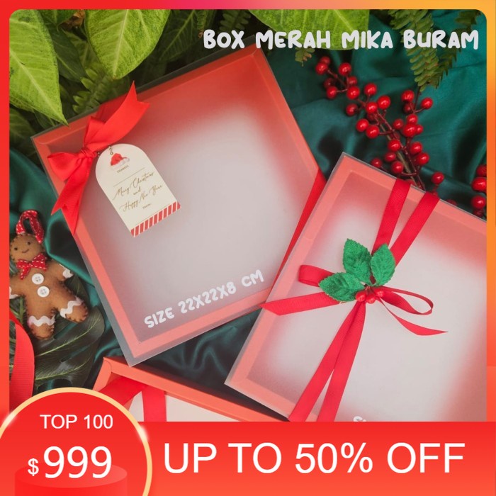 

KADO NATAL/ DEKORASI NATAL/ UK. 22X22X8 CM BOX KUE MERAH MIKA BURAM COCOK UNTUK NATAL IMLEK