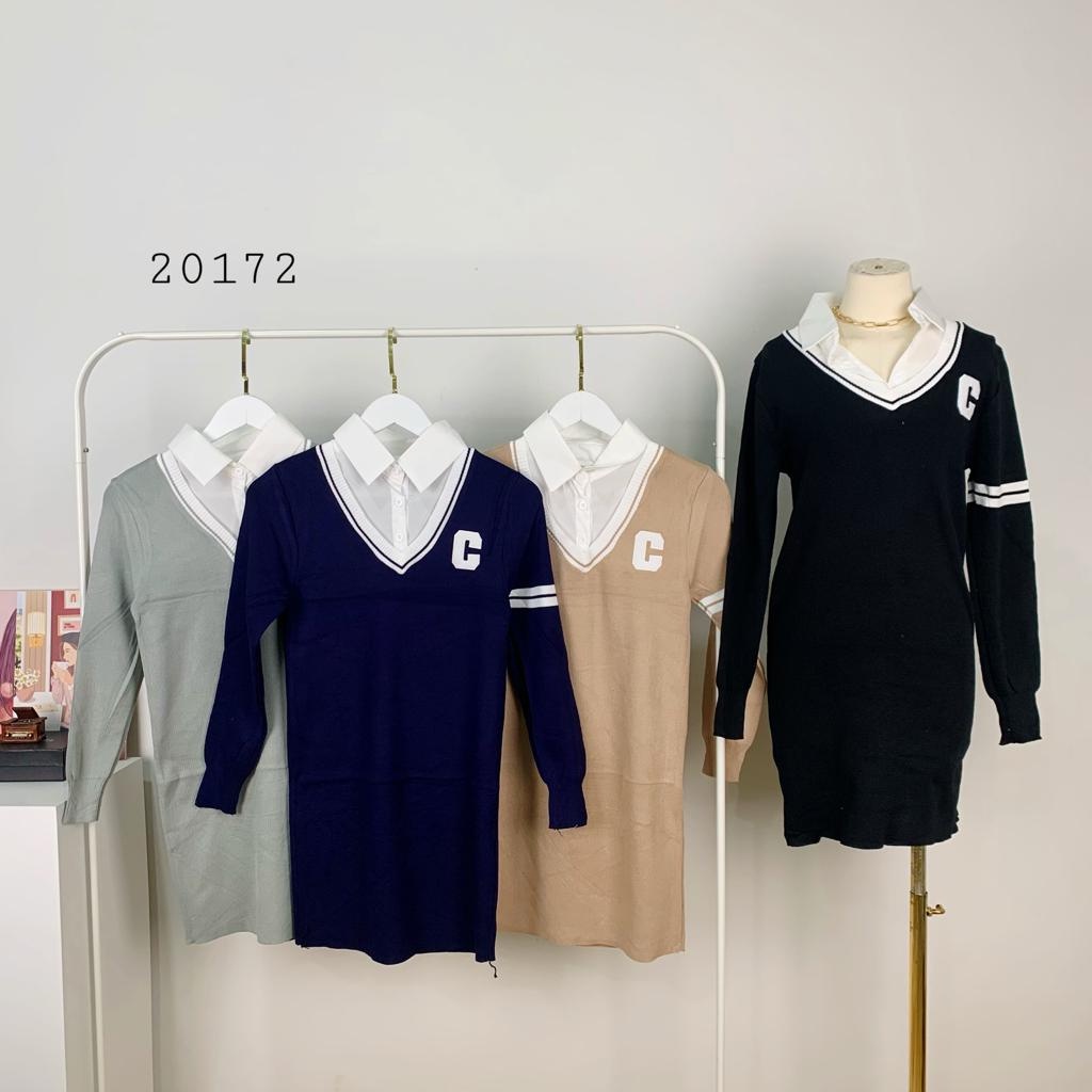 20172 DRESS RAJUT 2IN1 NYATU VARIASI BORDIR TEXT PREMIUM TERUSAN DRESS RAJUT POLOS MIX KERAH PUTIH I