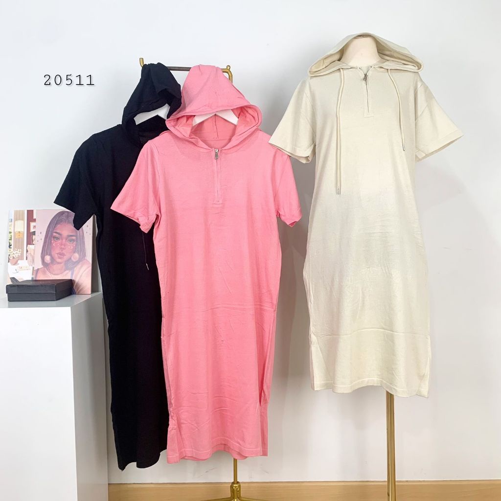 DRESS RAJUT HOODIE POLOS VARIASI ZIPPER DEPAN LENGAN PENDEK PREMIUM WANITA TERUSAN LONG DRESS RAJUT 