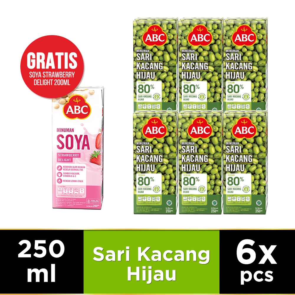 

ABC Minuman Sari Kacang Hijau 250 ml - Multipack 6 pcs free ABC Soya Sari Kedelai Strawberry Delight