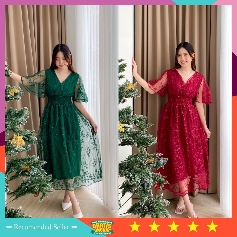 Pakaian Wanita Dress Natal Lebaran Christmas Murah Kondangan / Chacha Long Dress | Baju Dress Natal 