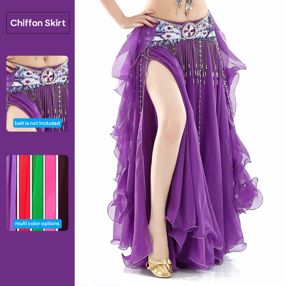 

Belly Dance Skirt Chiffon Curled Leaf Double Slit Ear Skirt Gauze Skirt High Slit Skirt For Adult Women Performance Practice