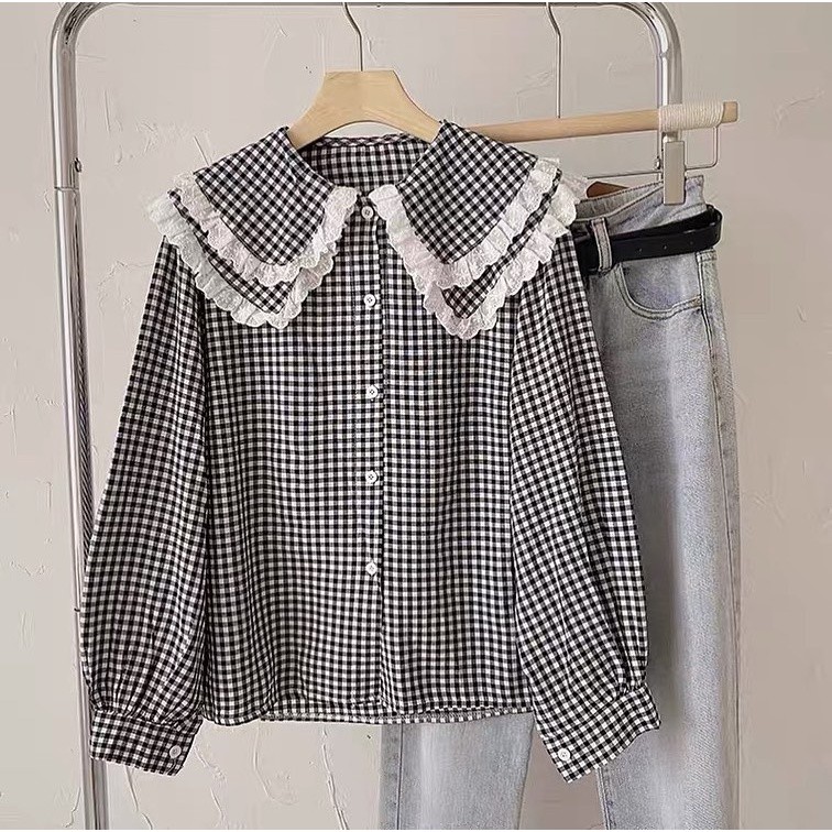 HILINA Shirt Kemeja Panjang Renda Wanita Katun - Busui Friendly Kancing Depan